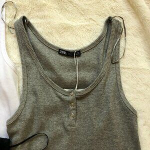New Zara Light Grey Ribbed Cropped Henley Tank Top